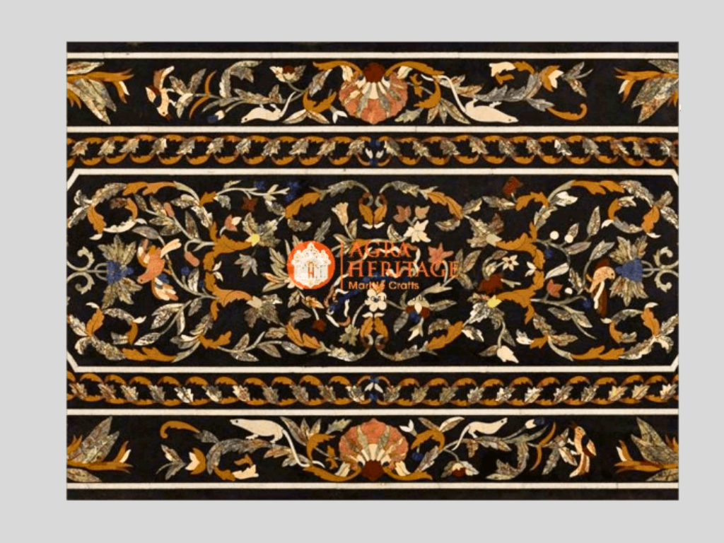 Black Inlay Marble Pietra Dura Dining Table Top Living Decor